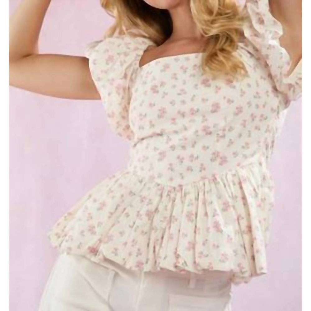 NEW PEACH LOVE floral prints puff sleeve bubble hem top in pink floral